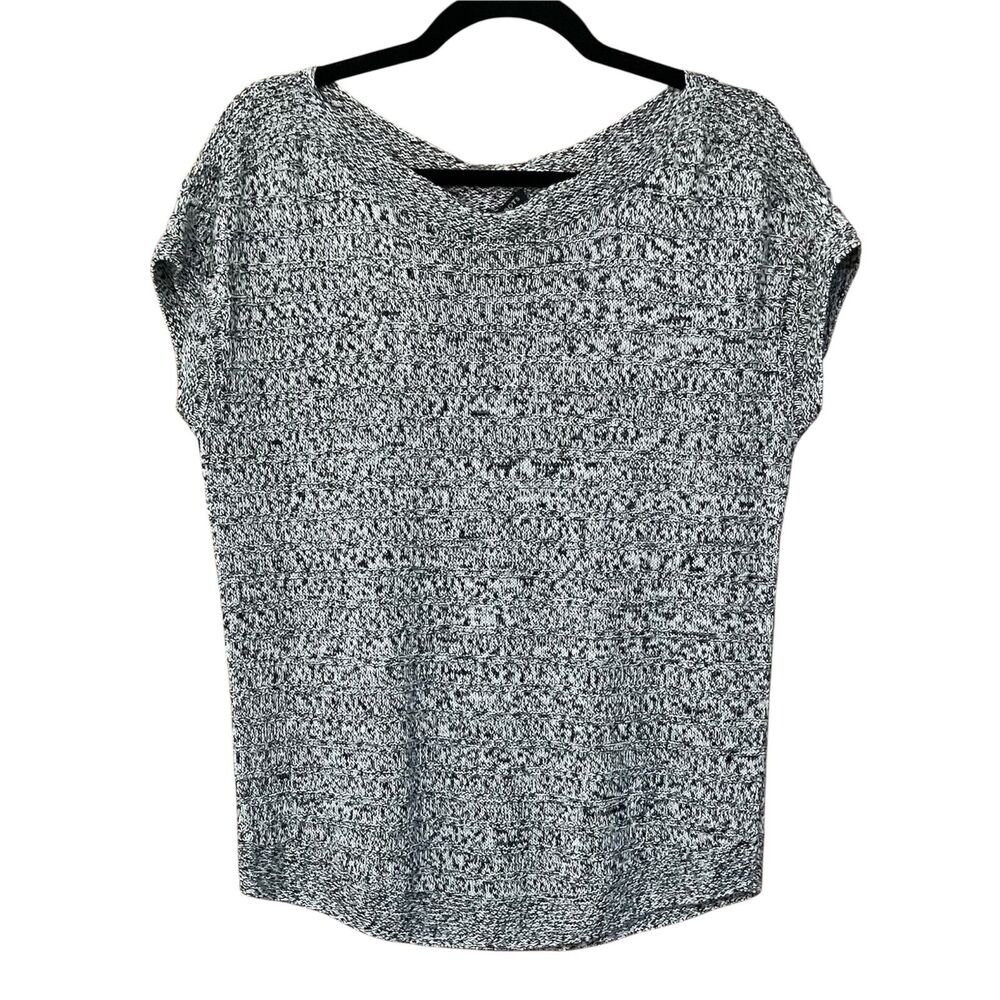 Talbots petite 100% linen black and white marled space dye cap sleeve knit top